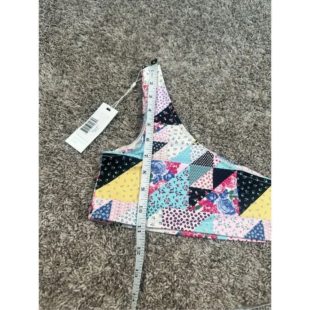 NWT Frankies Bikinis Barb One Shoulder Bikini Top in Patchwork Multi Pattern S